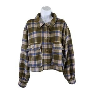 L.A. Hearts Jacket Womens M/L Green Blue Plaid Cropped Shacket Academia Preppy